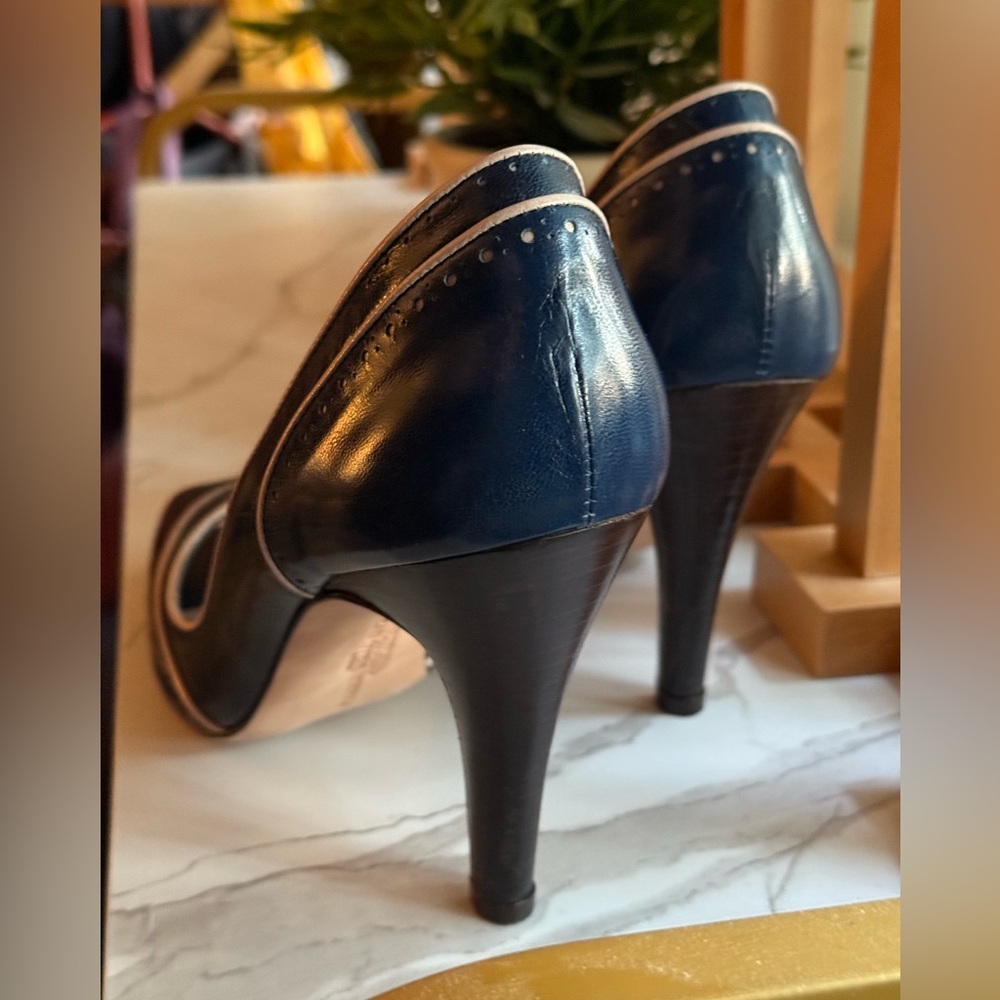 Head Over Heels London - Deep Blue Leather Wing-Tip, Squared Open Toe, D’Orsay - Picture 6 of 15